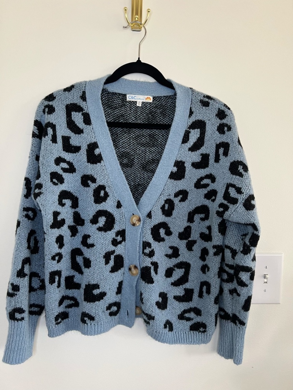 C&C California Blue Leopard Print Button Cardigan Sweater Size M